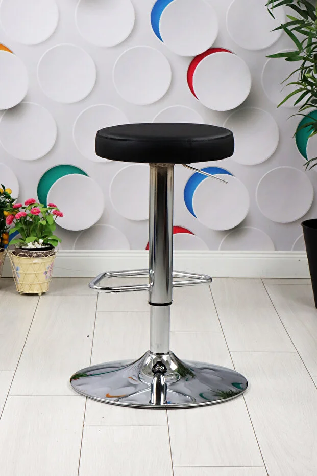 Loki Krom Tepsi Ayaklı Bar Sandalyesi (Siyah Deri)